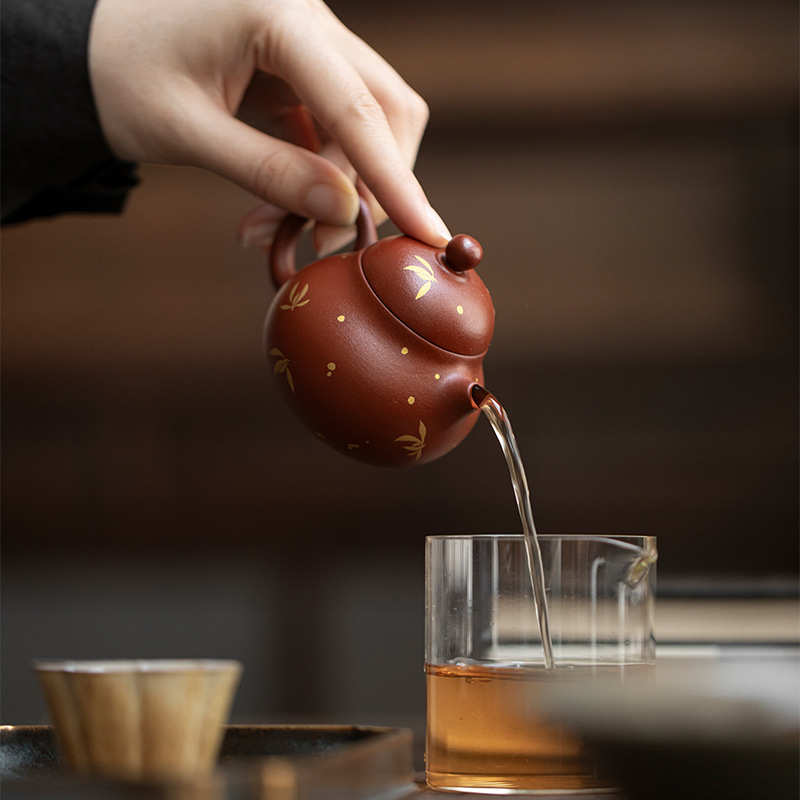 墨己原矿朱泥文旦壶功夫茶具秋水兰花烫金球孔过滤家用紫砂壶茶壶