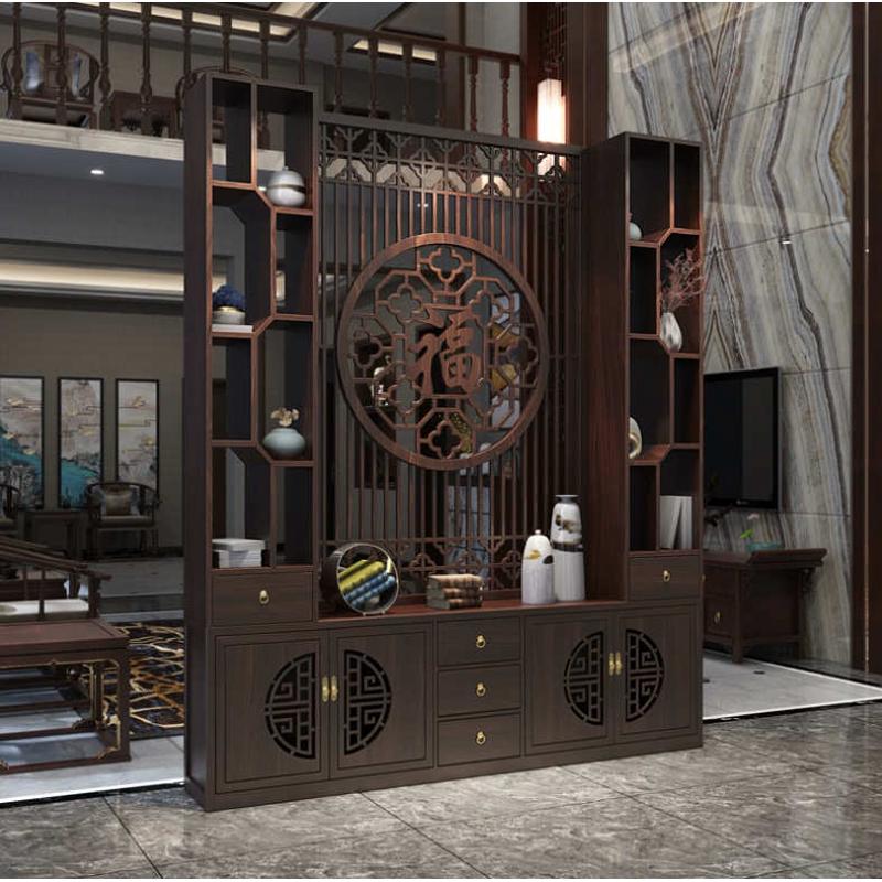 新中式屏风隔断客厅福字镂空置物架定 制家用正对大门入户玄关柜