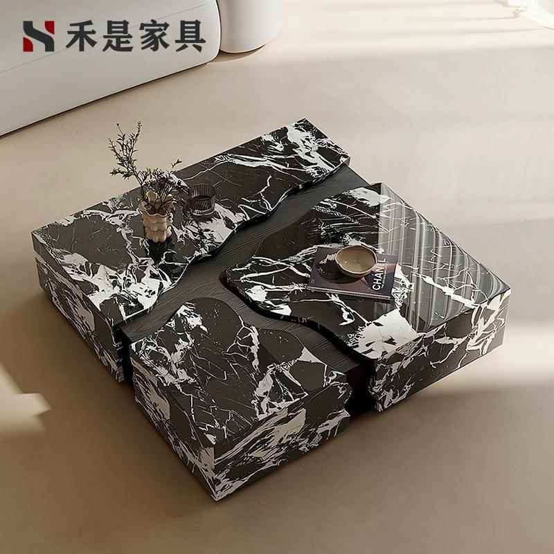 意式极简大理正方形意茶几现代石简大平UBN层设计师高约端创河流