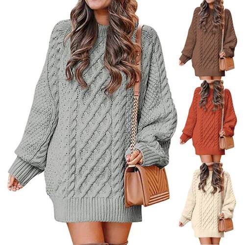 Women Long Sleeve Crewneck Oversized Cable Knit Chunky Baggy