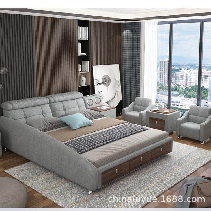 皮艺床现代简约榻榻米床主卧小凳子多功能智能储物梳妆台双人婚床