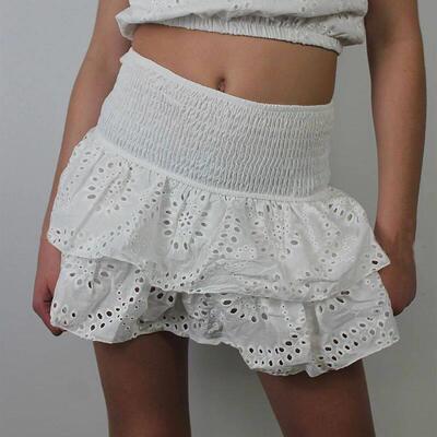 Women Y2K Ruffle Layered Hollow Mini Skirts Smocked A Line P