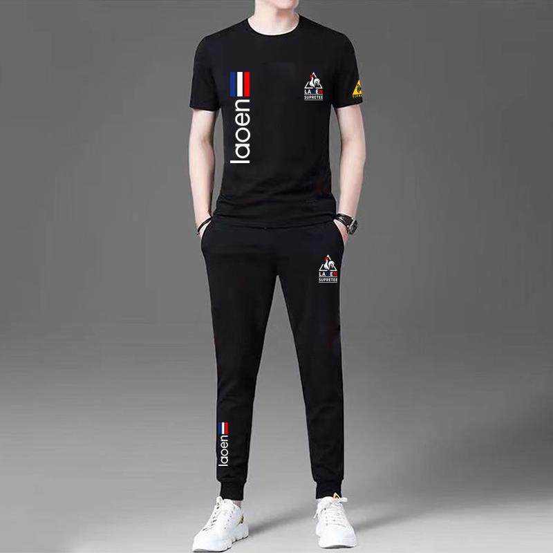 夏季新款冰丝套装男士薄款潮流时尚帅气短袖T恤大码运动服两件套