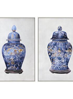 中国风玄关柜素雅蓝色淡墨金青花瓷新中式装饰画客厅玄关餐厅挂画