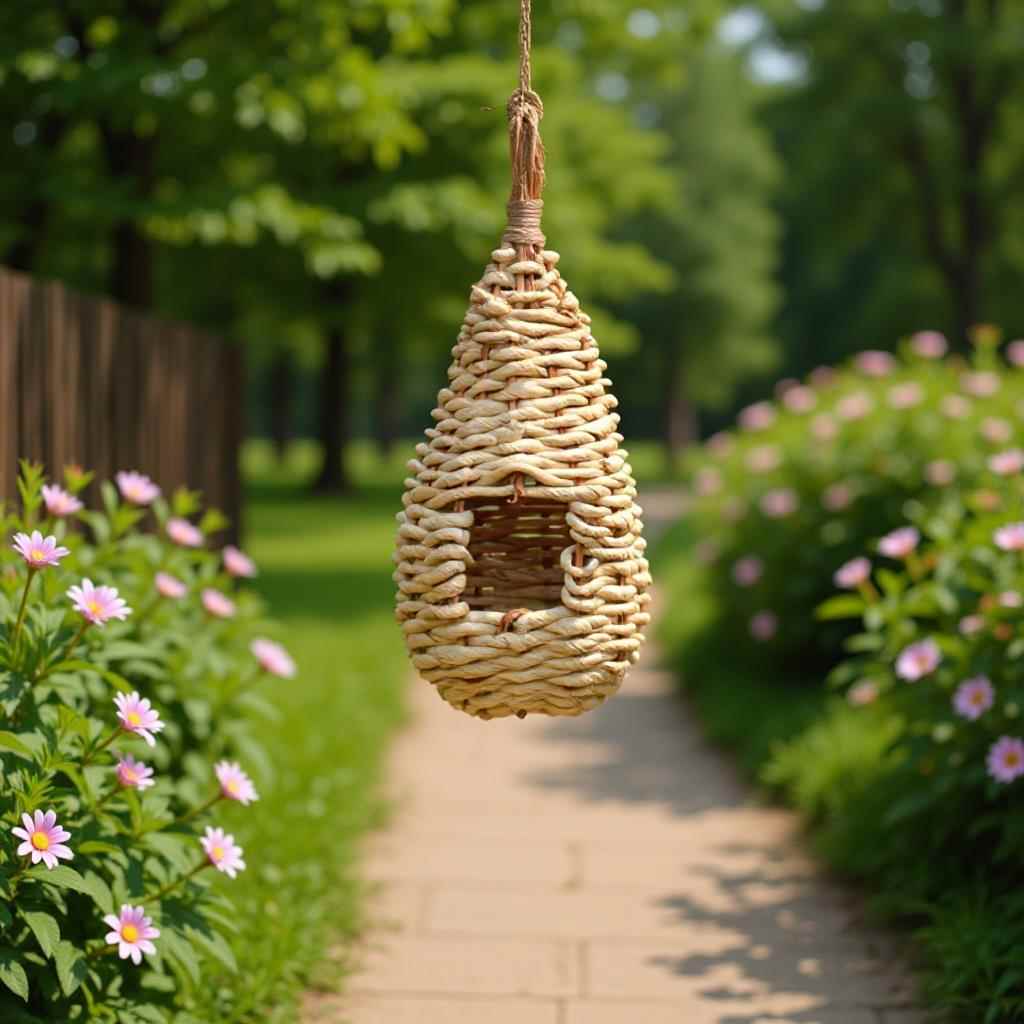 Temu现货跨境草编鸟窝家居户外装饰玉米皮藤编鸟笼鸟巢喂鸟器