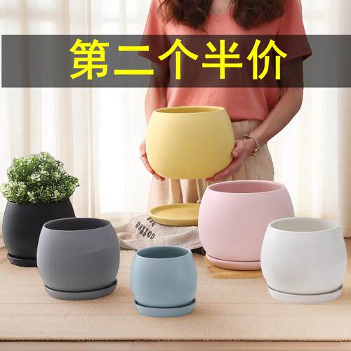 陶瓷花盆家用带托 托盘北欧风格简约圆形球形哑光灰色白色黄金葛