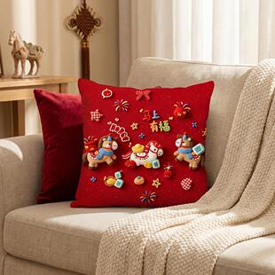 马年抱枕红色小马花福蝶喜庆平面印花枕年客厅沙发车载摆件腰靠垫
