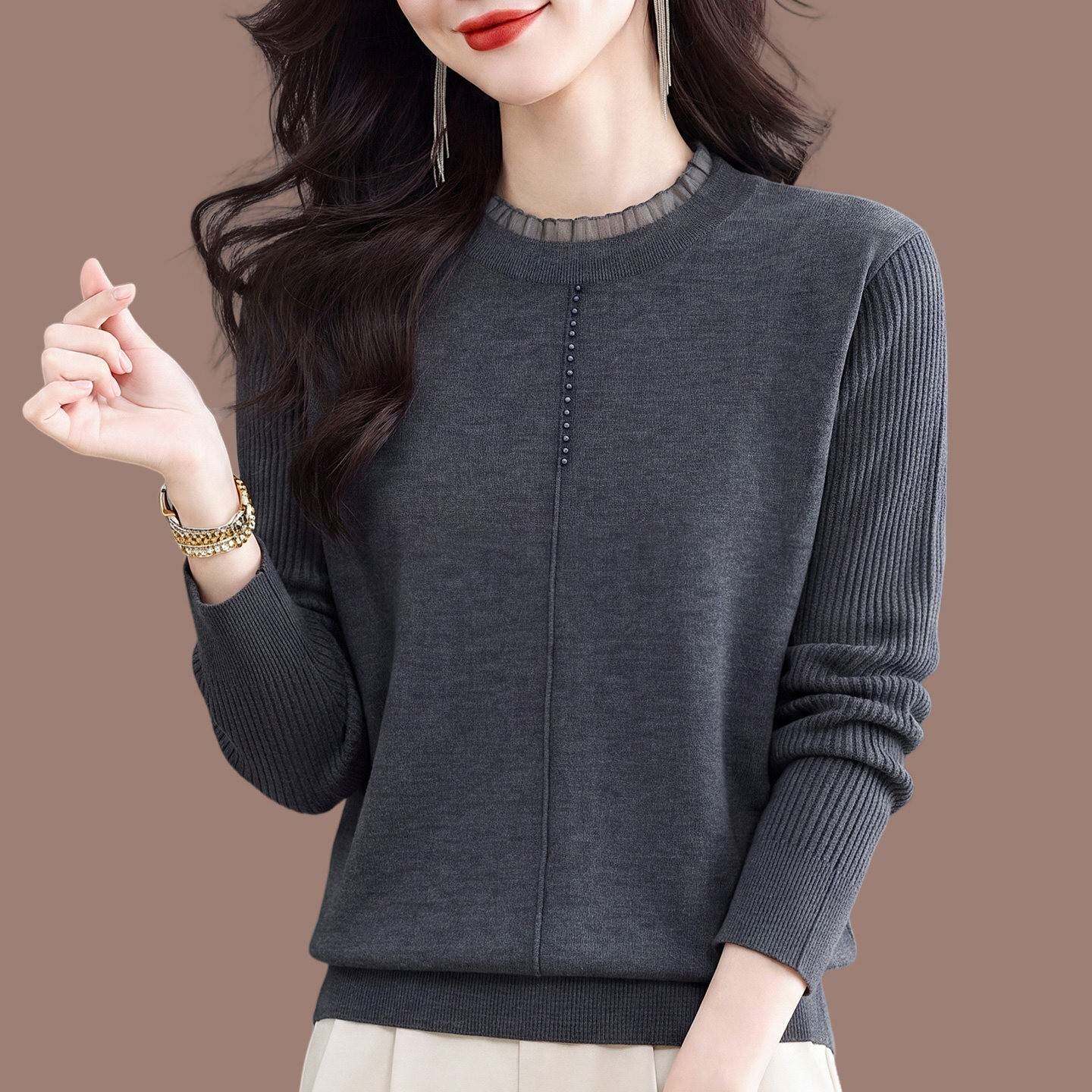 2026秋季木耳边圆领针织衫女长袖T恤时尚百搭宽松打底衫蕾丝上衣