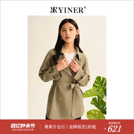 YINER音儿专选女装秋季时尚驼色系带短款收腰风衣休闲外套