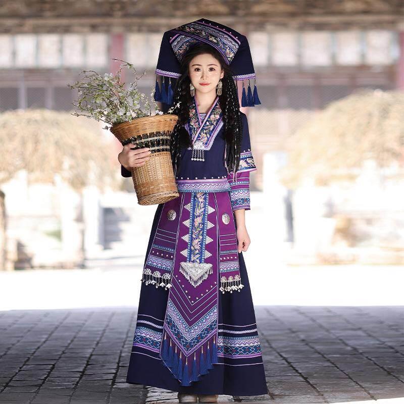 广西壮族服装女三月三少数民族服饰成人壮锦刺绣舞蹈演出盛装长裙