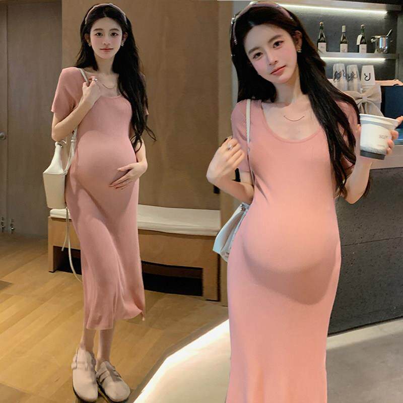 孕妇夏装冰丝针织洋装修身显瘦时尚开 叉小个子孕妇裙子薄款夏季