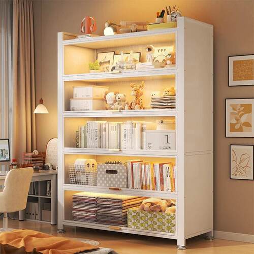 Steel Bookcase Bookshelf Dustproof Display Storage Cabinet