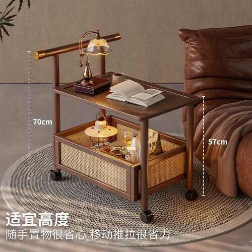 置物架客厅可移动茶几家用落地中古沙发边几塑藤带滚轮零食储物柜