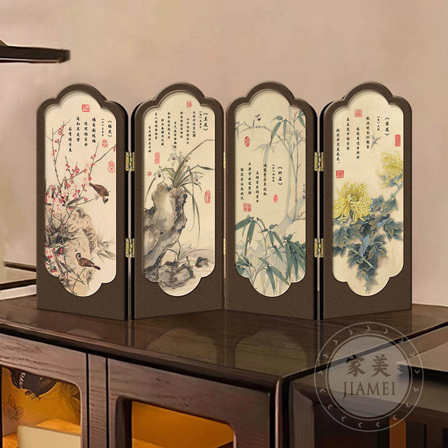 新中式花鸟屏风桌面摆件玄关柜茶桌家居装饰品中国风客厅摆画礼品