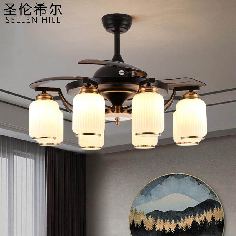 新中式客厅隐形风扇灯家用一体带灯餐厅茶室中国风电吊灯风扇吊灯