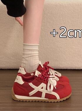 英国真皮红色德训鞋女2026夏季新款网面透气运动鞋休闲阿甘板鞋子