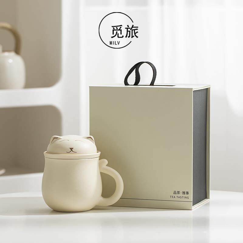 卡通招财猫三件式办公杯个人泡茶杯带盖过滤茶水分离情侣水杯茶杯
