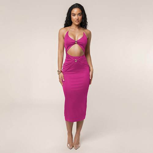Hanging neck hollow out dress deep V-long skirt
