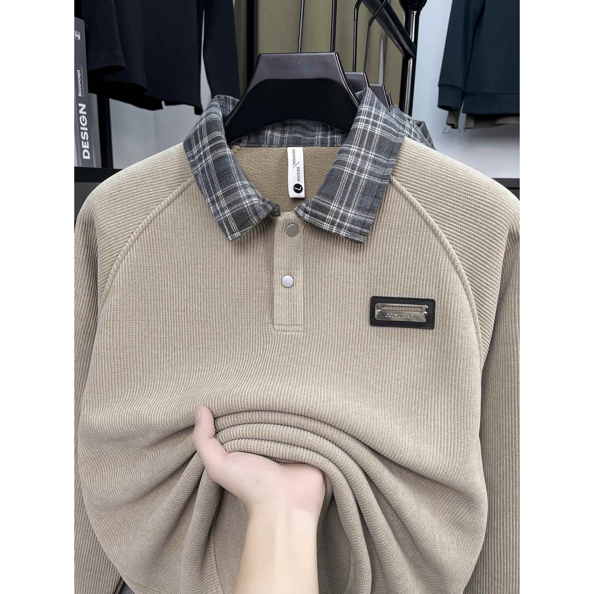 一体绒高端衬衫领男士毛衣加绒加厚保暖套头针织打底衫翻领1204e