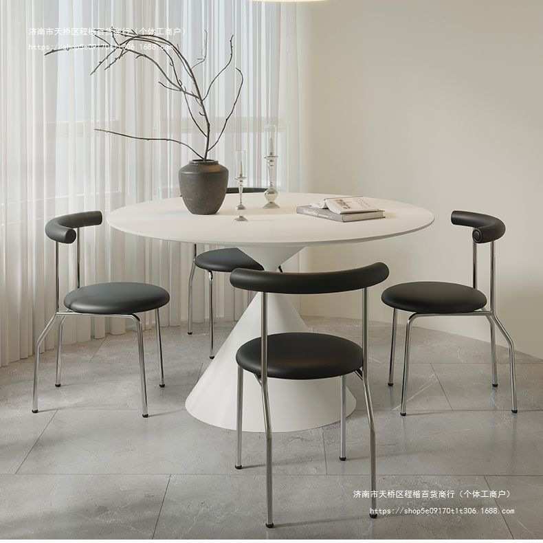纯白哑光岩板圆形餐桌椅组合小户型家用现代纯黑简约饭桌子奶油风