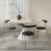 纯白哑光岩板圆形餐桌椅组合小户型家用现代纯黑简约饭桌子奶油风