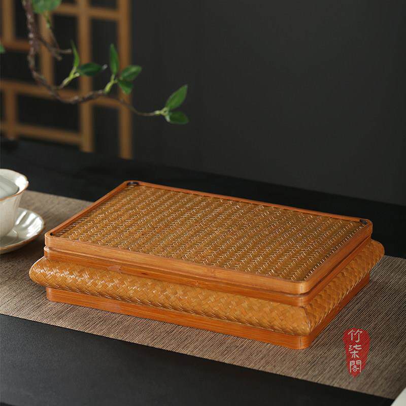 竹柒阁覆古大漆竹编收纳盒带盖子桌面点心盒编织果盘茶点茶具收纳