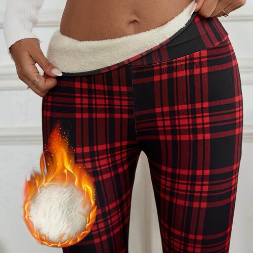 Women Winter Waist Plaid Fleece Lined Pants Elastic Warm