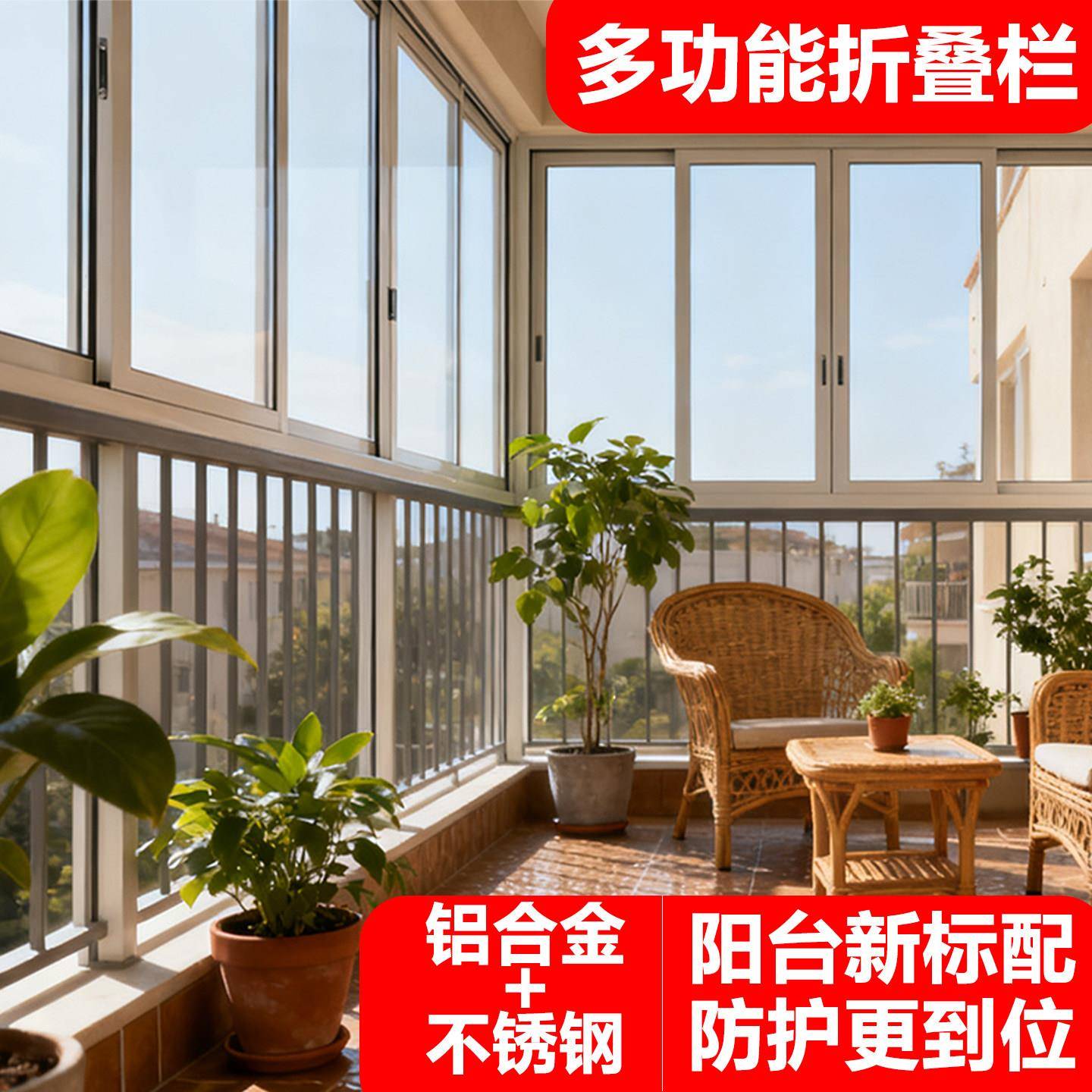 定制阳台窗户铝合金防护栏免打孔折叠晾衣架多功能可儿童防护栏