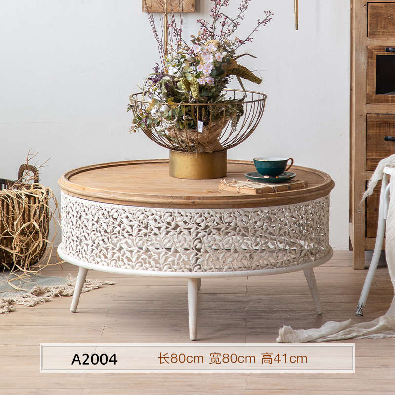 美式复古圆形茶几沙发旁客厅家用小户型铁艺做旧镂空雕刻实木边几
