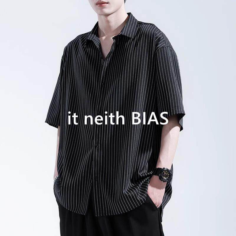 it neith BIAS夏季冰丝短袖衬衫男条纹薄款速干黑色高级休闲上衣