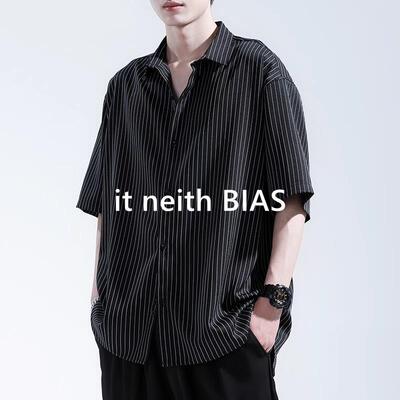 it neith BIAS夏季冰丝短袖衬衫男条纹薄款速干黑色高级休闲上衣