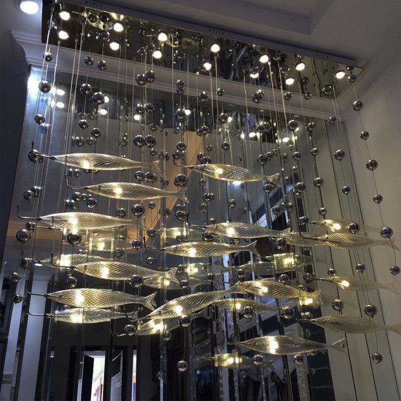 酒店前台玻璃餐厅吊灯鱼群造型客厅创意个性艺术饭店工程灯饰吧台