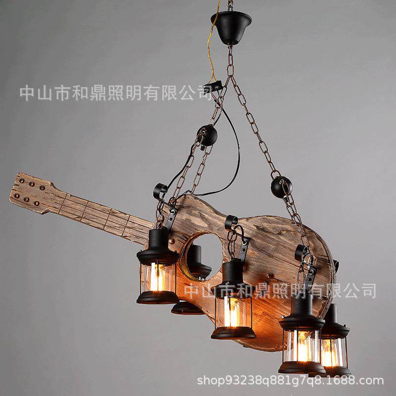 厂家复古工业风吊灯餐厅咖啡厅酒吧台个性创意吉它六头木头灯