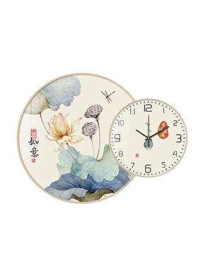 新中式餐厅装饰画荷花福禄双全钟表组合壁画客厅高级感背景墙挂画