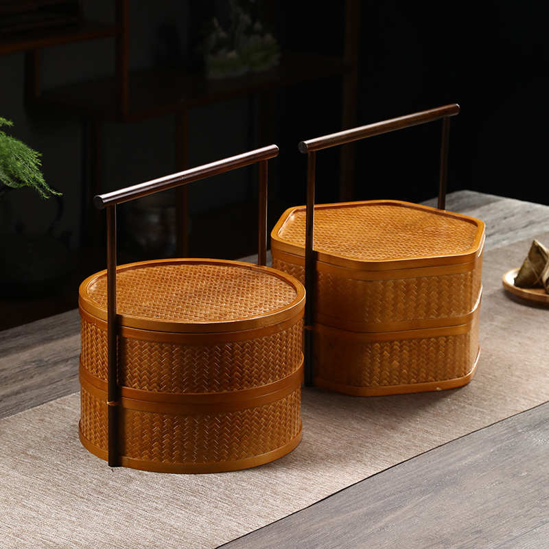 竹编手提双层篮复古提篮食盒多层带盖茶箱功夫茶具收纳盒送餐篮