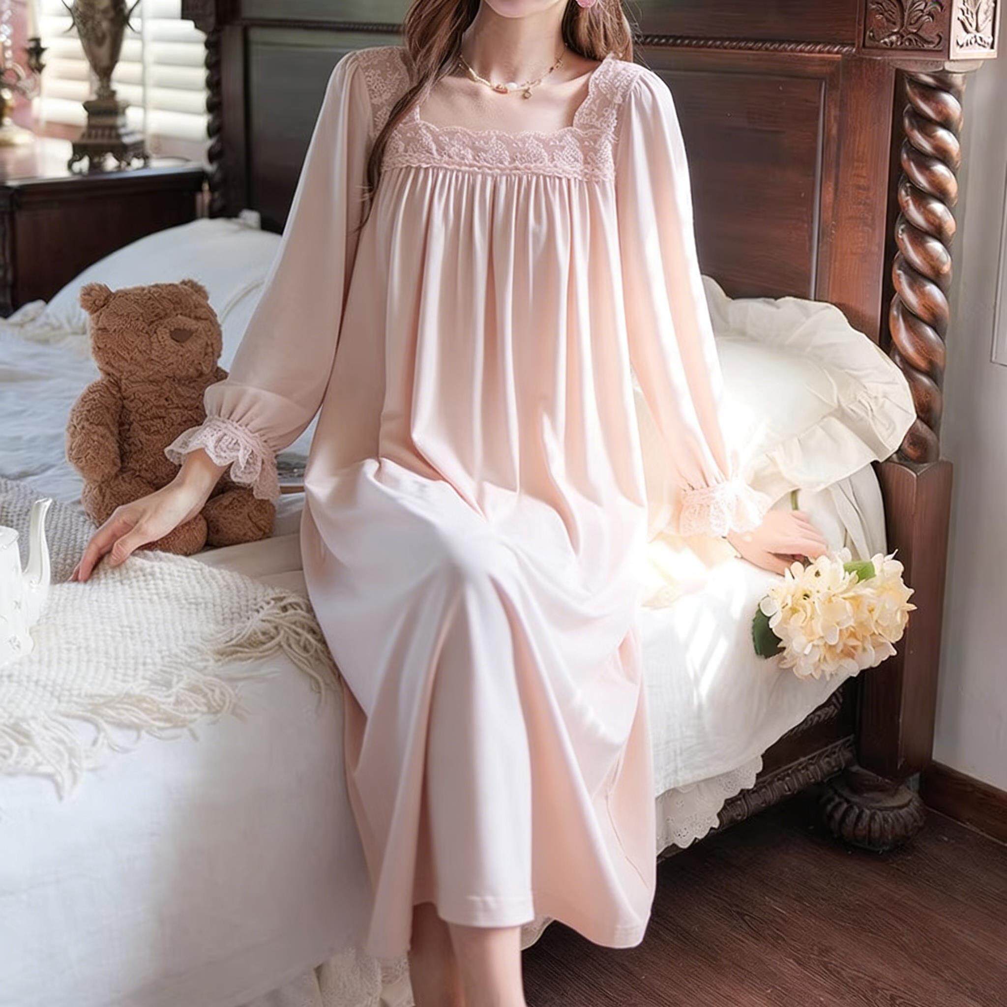 法式睡裙女春秋长袖凉感大尺码高级感公主风蕾丝宫廷长版洋装睡衣
