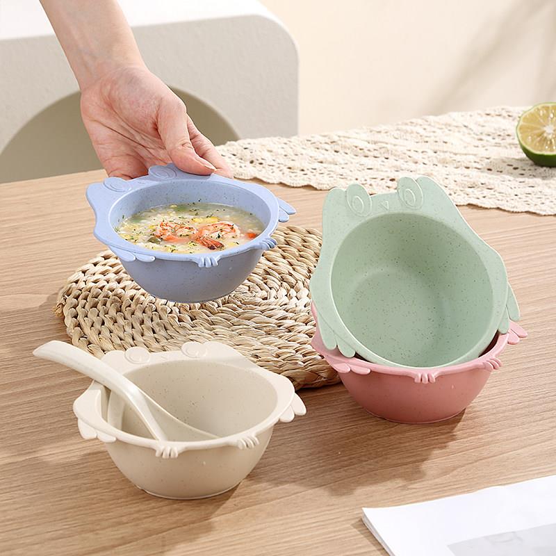 日式小麦秸秆辅食碗儿童宝宝餐具吃饭碗防摔卡通可爱猫头鹰碗带勺