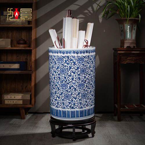 景德镇陶瓷字画储罐中国字画桶卷轴筒书房客厅落地式大型花瓶摆件