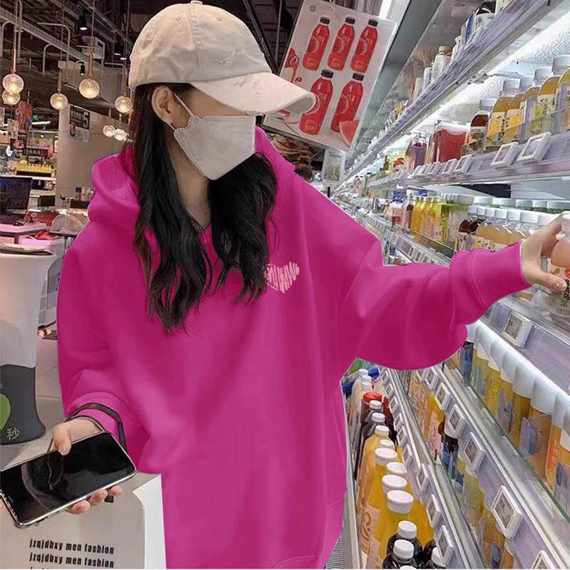 欧洲站火龙果色连帽运动衫女2025新款爆款春秋冬季加绒中长版上衣
