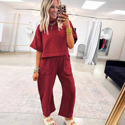 Hixiaohe Two-piece women's sportswear set Cropped T-shirt