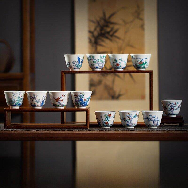 枭窑 景德镇手工彷古瓷器青花斗彩手绘茶具十二花神功夫茶杯套装