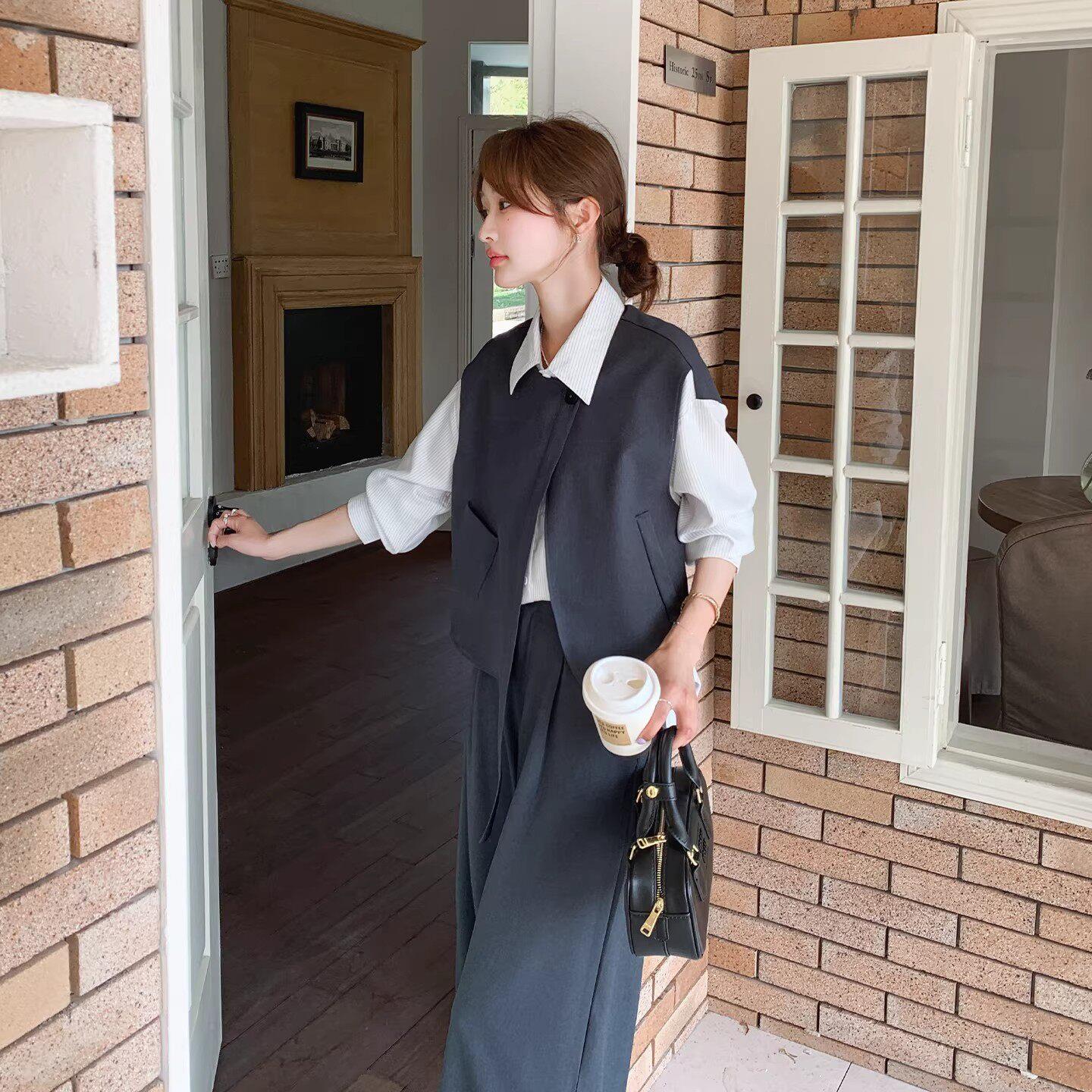 Rouje Moaks假两件Polo领衬衫套装女春新款气质休闲宽裤两件套