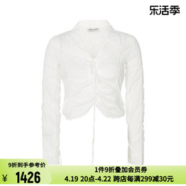 lowclassic24春夏，白色褶皱设计女士抽绳翻领，短款长袖上衣