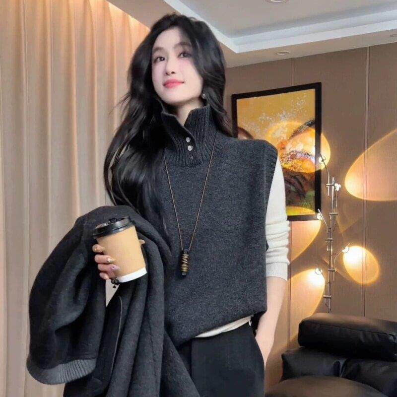 新款法式100%纯羊毛半开高领针织衫马甲女羊绒叠穿保暖内搭背心