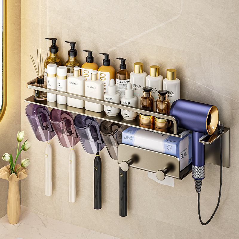 化妆室牙刷架子置物架免打孔壁挂式多功能吹风机支架洗脸巾收纳层