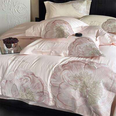 100支长棉绒刺绣四件套全棉床单床上用品轻奢风床笠纯棉绣花被套