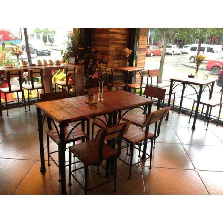 新款直销美式复古铁艺实木餐桌椅组合奶茶店小吃店餐厅桌椅咖啡厅