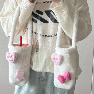 ins甜妹少女心毛绒杯套女学生手提包蝴蝶结保温奶茶杯保护套通用