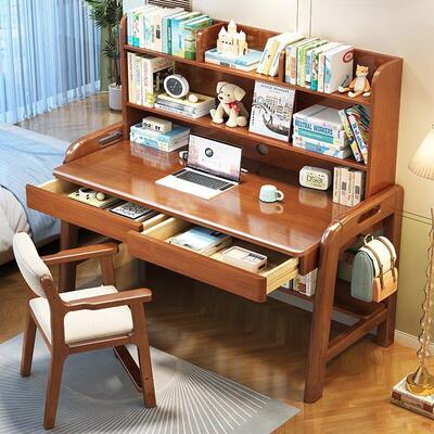 JGP1实木书桌书架一体桌家用卧室中小学生可升降写字桌女孩儿童学