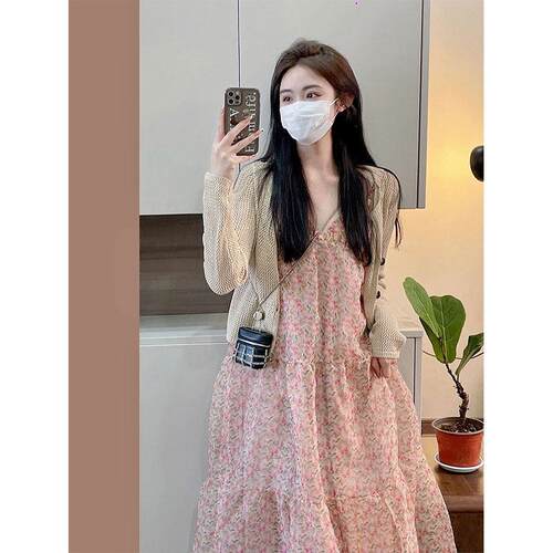 欧洲站秋季法式复古温柔风甜美气质碎花吊带连衣裙开衫两件套装女